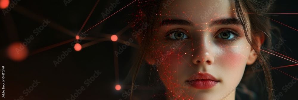 Poster the captivating young woman stands with a serene expression, immersed in a vibrant 3d network and fl