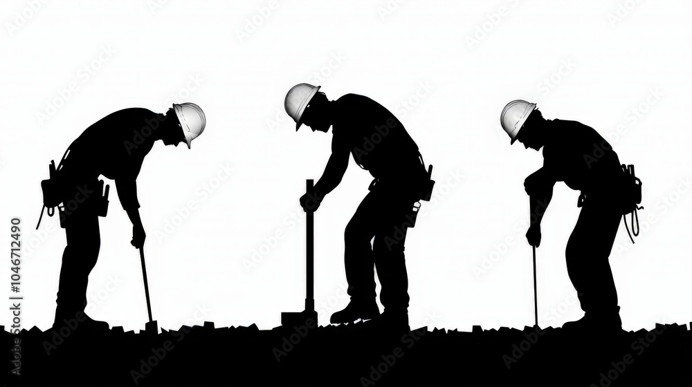 Poster workers in hard hats digging in silhouette, emphasizing teamwork and construction efforts in a minim