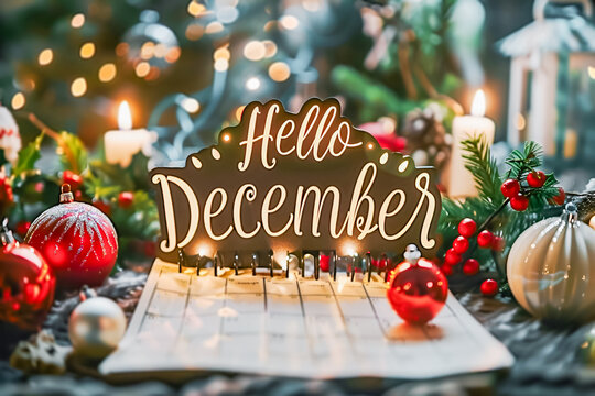 Text Hello December surrounded by Christmas decorations