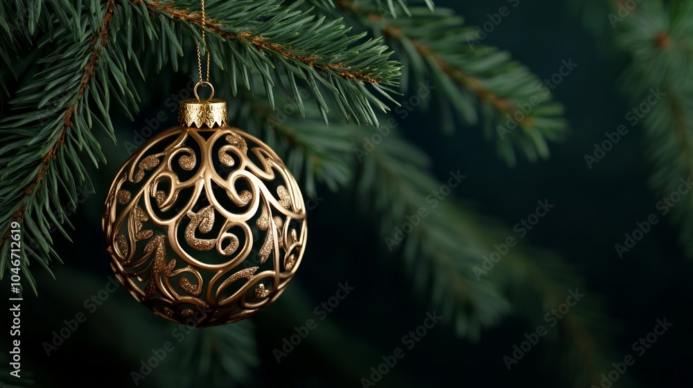 Aufkleber golden filigree ornament with intricate detailing suspended on a lush pine branch background with em