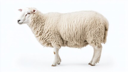 Fototapeta premium A white sheep stands on a white background, looking to the right.
