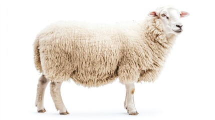 Fototapeta premium A white sheep with a fluffy coat standing on a white background.