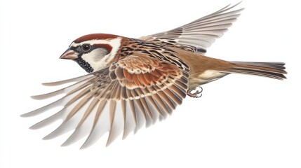 Naklejka premium Sparrow Isolated. Flying Eurasian Tree Sparrow on Adorable White Background