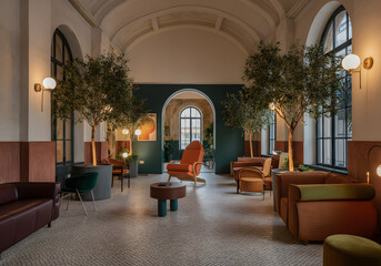 A loft with high ceilings and arched windows. Mid-century office with mahogany olive trees and hints of terracotta and dark green. 3D render.