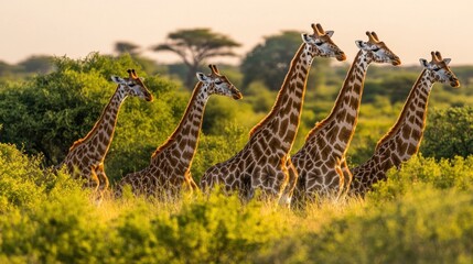 Fototapeta premium A group of giraffes standing gracefully in a lush, green landscape during sunset.