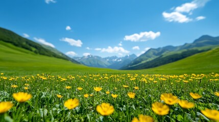 Lush green mountain meadows filled with wildflowers under a bright blue sky, showcasing nature’s vibrancy for International Mountain Day 