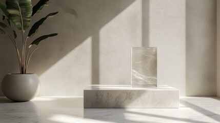 Clear acrylic pedestal with a modern design, set against a minimalist background.