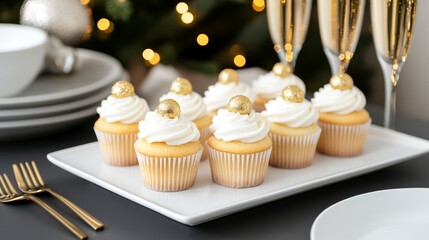 New Year’s Eve table with champagne, cupcakes, and gold candles, surrounded by festive decorations in silver and gold 