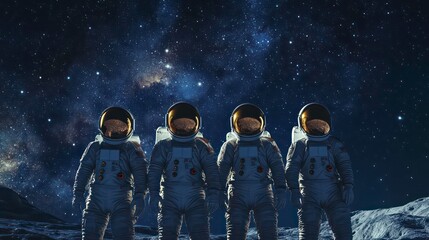 Four astronauts stand on a lunar surface, gazing at the starry night sky above. The Milky Way stretches across the sky.