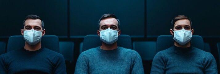 Patients in waiting room, masks on, reflect contagious illness spread Palette: muted tones 