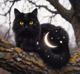 A mystical black cat with piercing green eyes sits on a tree branch, gazing directly at the viewer. Halloween kitty