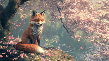 Majestic anime style fox sitting under cherry blossom trees, surrounded by pink petals, creating serene and enchanting atmosphere in Japanese landscape