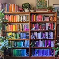 A colorful bookshelf arranged by book spine colors, surrounded by vibrant plants, creating a cozy and artistic reading space.