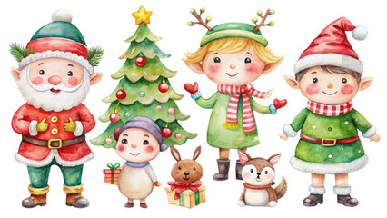 Watercolor illustration of Christmas characters, including Santa, reindeer, and children celebrating around a festive tree.