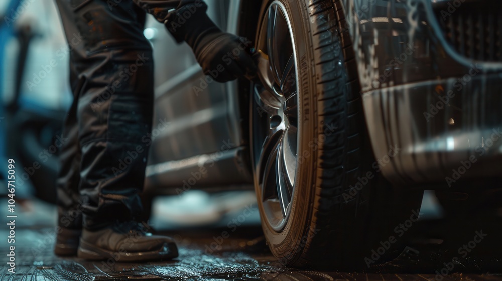 Aufkleber a person is carefully changing a tire on a vehicle in a brightly lit garage during the evening, show