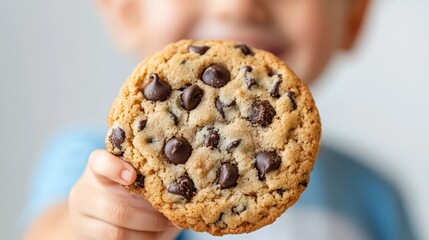 Smiling child holding a freshly baked chocolate chip cookie, with crumbs and chocolate smudges on their face, enjoying National Cookie Day 