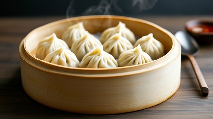Soup dumplings (xiao long bao) with a spoon ready to scoop one up, showing the delicate skin and steamy broth inside 