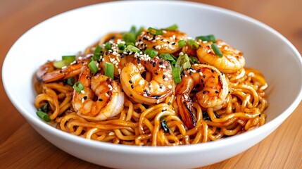 Stir-fried noodles with shrimp, vegetables, and a savory sauce, topped with sesame seeds and scallions for a perfect balance of flavors 