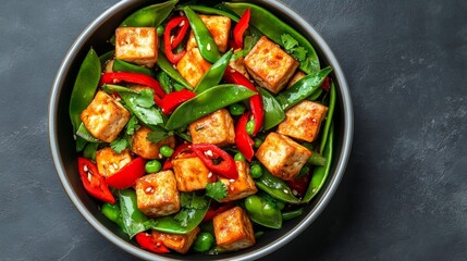 Stir-fried tofu and mixed vegetables in a light soy sauce, with red peppers and snap peas adding crunch and color, a healthy, vibrant dish 