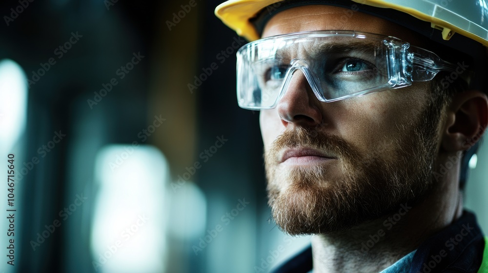 Poster a construction worker is focused on site activities, wearing safety glasses and a hard hat, ensuring