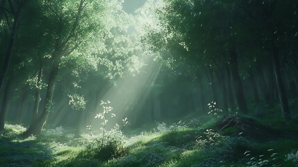 Obraz premium serene dark green forest illuminated by sunlight, creating tranquil atmosphere
