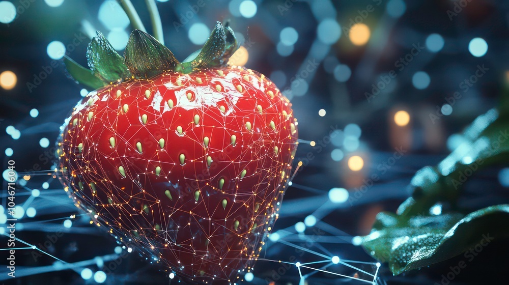 Poster A single strawberry with a glowing, interconnected network of lines and dots, representing technology or innovation.