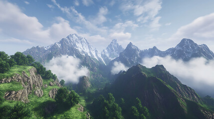 Breathtaking mountain range with lush greenery and thin clouds
