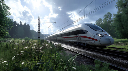 Fototapeta premium High speed train running through lush green landscape under cloudy sky