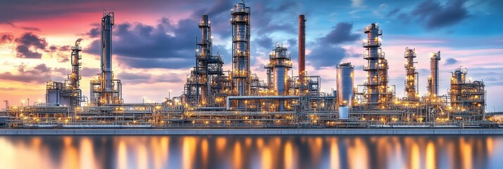Obraz premium Industrial Oil Refinery Plant and Petrochemical Factory with Dramatic Sunset Background