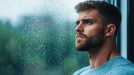 Writer gazing out of a window at a rainy day, deep in thought, symbolizing inspiration and reflection for National Novel Writing Month 