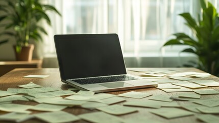 Writer’s desk cluttered with sticky notes, draft pages, and an open laptop, highlighting the chaotic process of National Novel Writing Month 