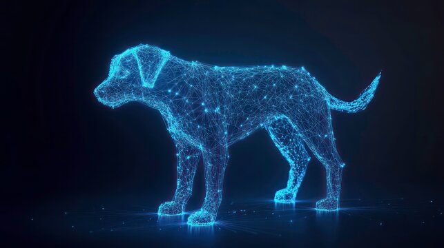 A glowing blue, digital dog illustration made up of connected lines and dots, standing on a dark background.