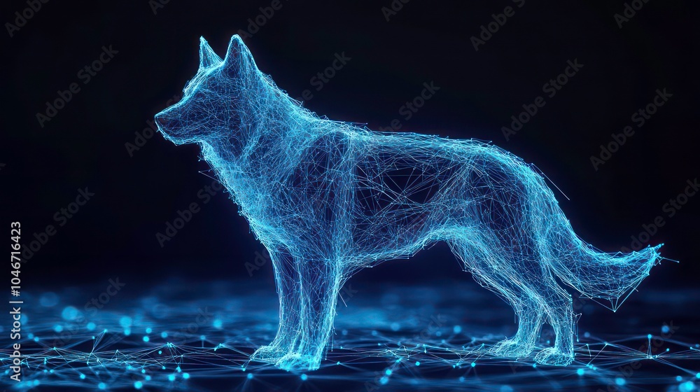 Poster a digital rendering of a wolf or dog made of glowing blue lines against a dark background.
