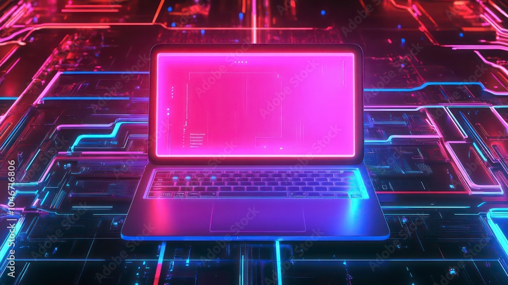 Poster a laptop computer with a glowing screen sits on a digital circuit board, with neon lights reflecting