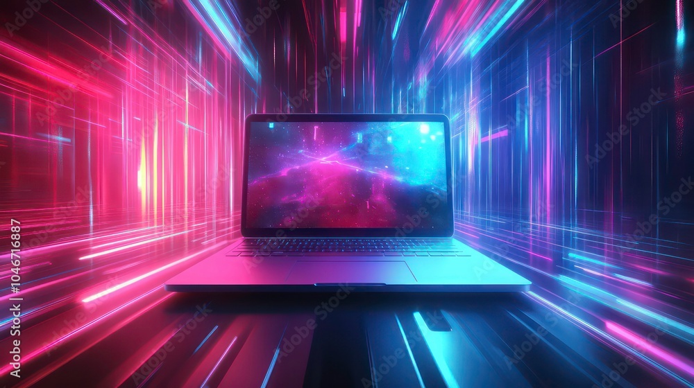 Poster A laptop computer is placed in a room with neon lights creating streaks of color.