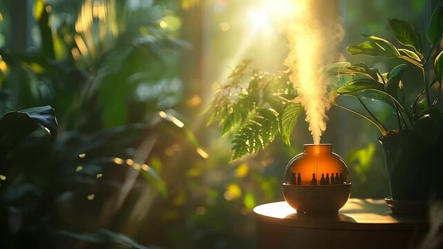 Aromatherapy diffuser with warm mood in the sunlight at cozy living room