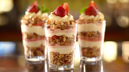 Three parfaits with granola, whipped cream, and strawberries.