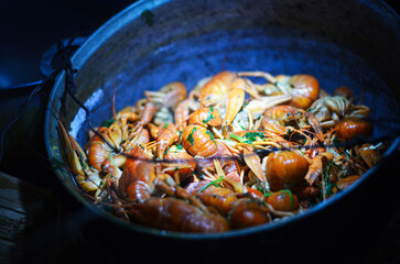 Delicious Boiled Crayfish Cooking in a Pot Outdoors at Night. Picnic concept