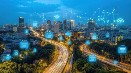 Futuristic Tech Interface Over Urban Cityscape at Dusk