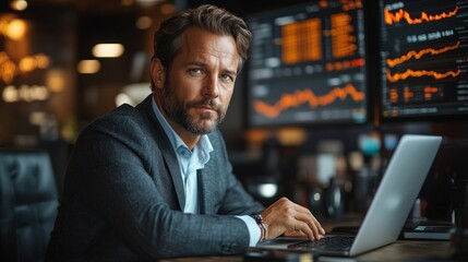 Obraz premium A serious businessman sits at his desk in a modern office, looking intently at his laptop screen. He is wearing a suit jacket and has a beard.