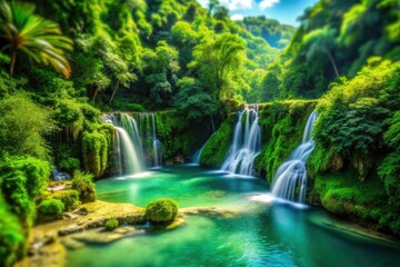 Obraz premium Dimiao Twin Waterfalls in Bohol's Tropical Jungle: A Breathtaking Tilt-Shift Photography Perspective of Nature's Splendor in the Philippines
