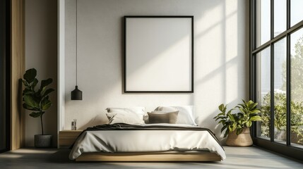 Contemporary bedroom with an empty picture frame.