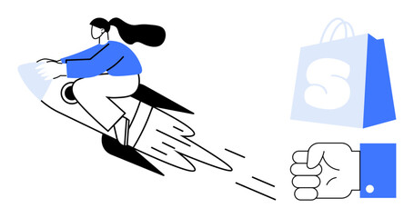 Woman in blue jacket cool riding rocket right, shopping bag near fist bump gesture. Ideal for e-commerce, creativity, innovation, personal achievement, branding. Minimalist modern style