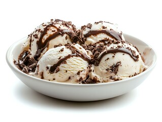 Vanilla Ice Cream with Chocolate Syrup and Shavings, Close-Up of Creamy Scoops in a White Bowl for Dessert Lovers and Gourmet Treats