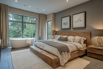 natural bedroom decor, bedroom painted in grey and beige, highlighted with natural wood accents, fosters a cozy, organic feel ideal for unwinding