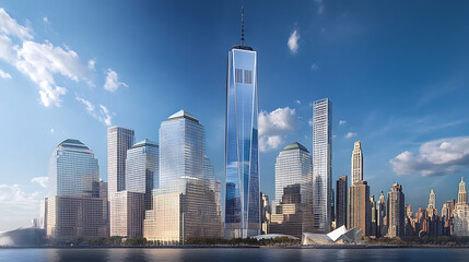 Fototapeta premium Stunning skyscrapers rise against clear blue sky, showcasing modern architecture