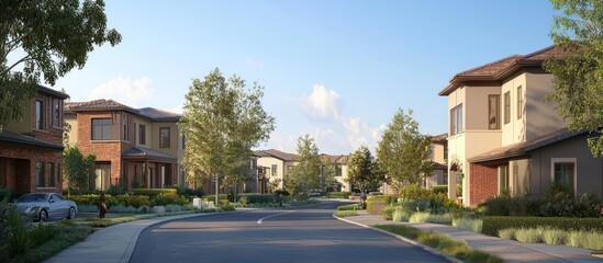 Obraz premium Suburban cul-de-sac filled with modern homes, part of a bedroom community.