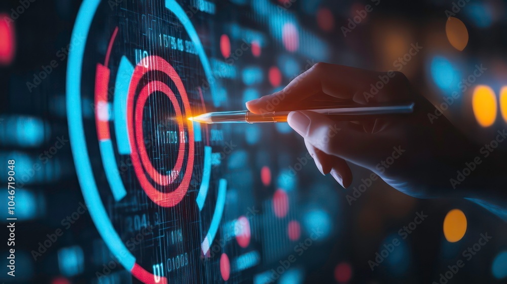 Aufkleber a hand holding a stylus points to a glowing circle on a digital screen. the screen is filled with da