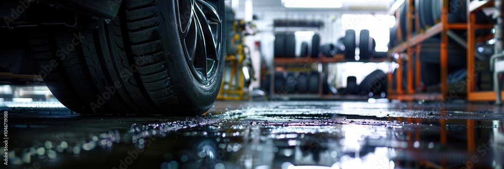 Poster a technician is changing tires on a car in a garage filled with various tools and equipment, ensurin