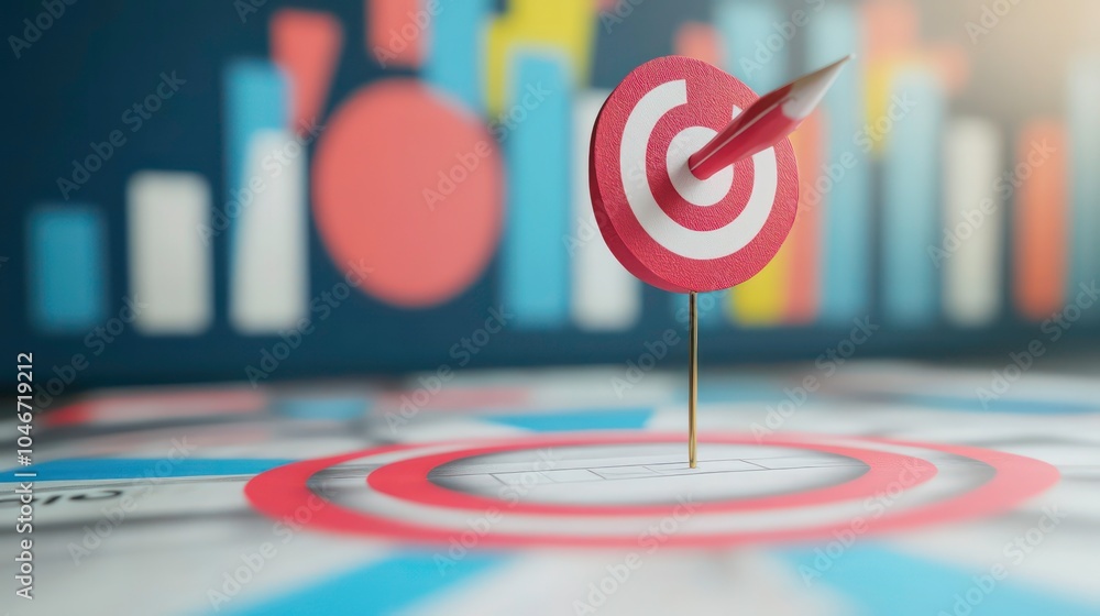 Poster A red and white dartboard with a pencil in the bullseye, sitting on a desk with charts in the background.